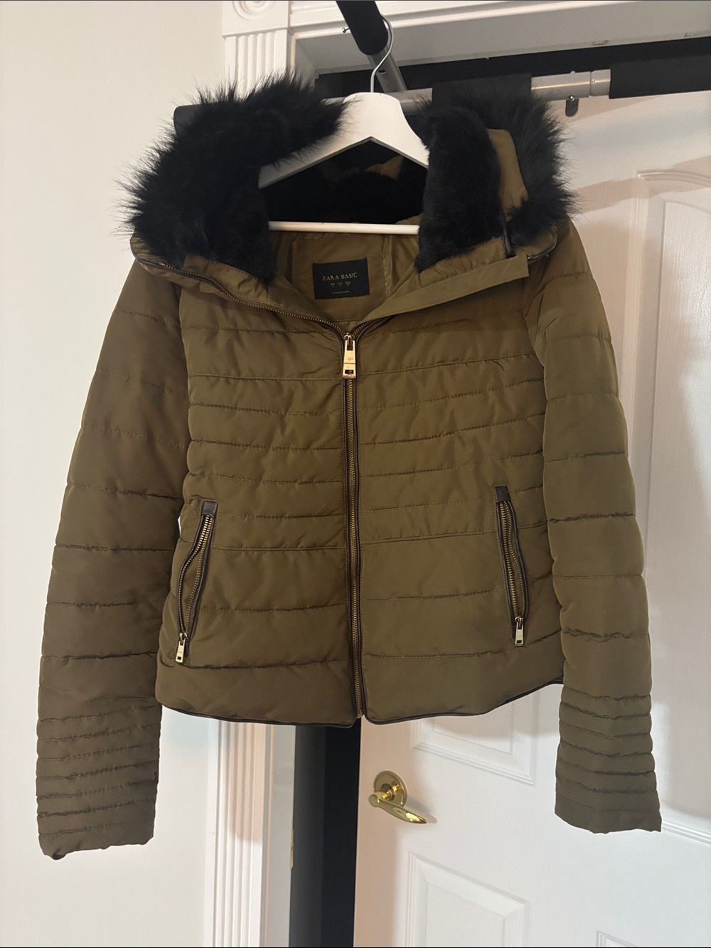 Zara Olive Green Quilted Puffer Jacket with Black Faux Fur Hood